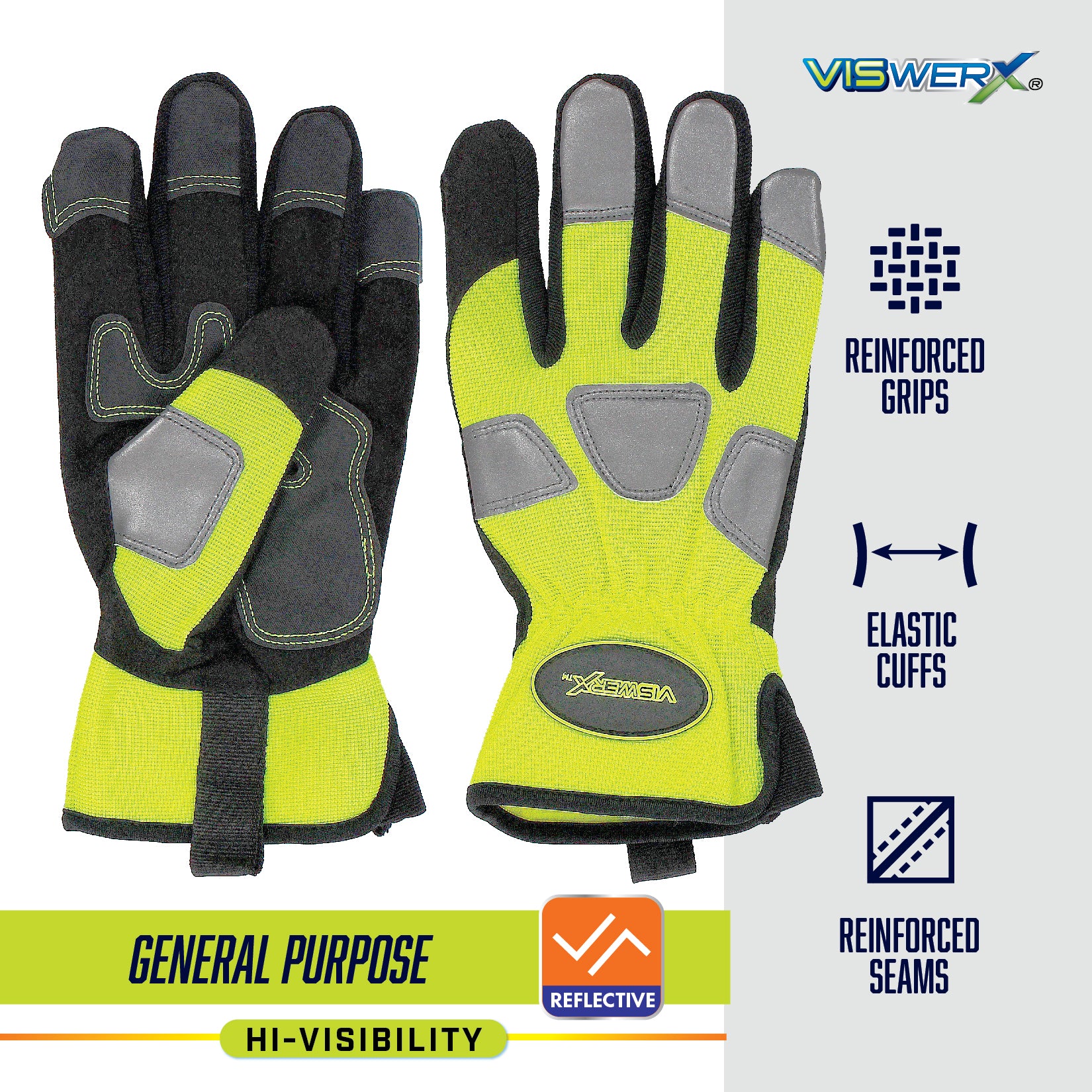 Hi-visibility yellow and black work gloves, with Reinforced Grips, Elastic Cuffs, Reinforced Seams, General Purpose, Reflective, and Hi-Visibility listed as product features.