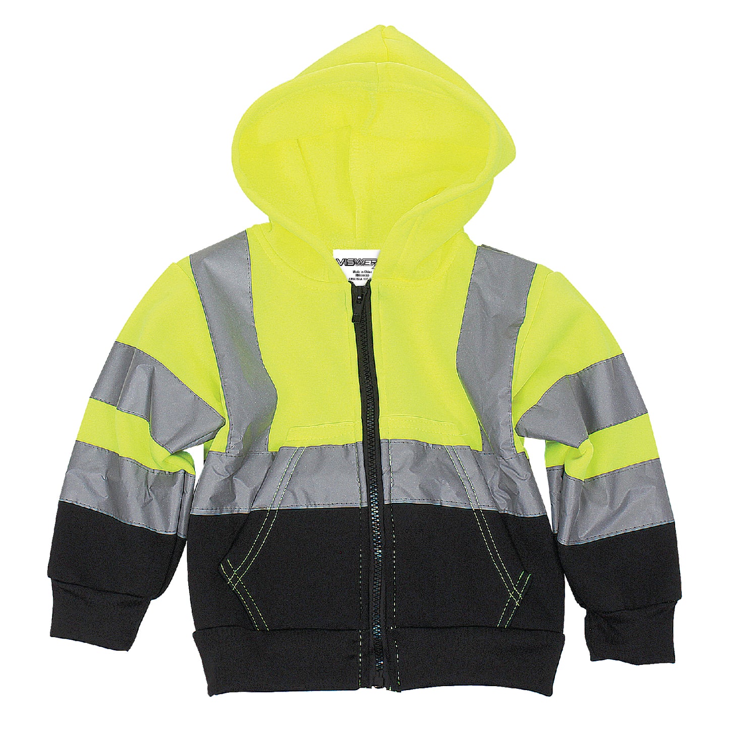 A full zip up hooded sweatshirt with a high visibility yellow upper half, black lower half, with silver reflective striping on the chest and arms.