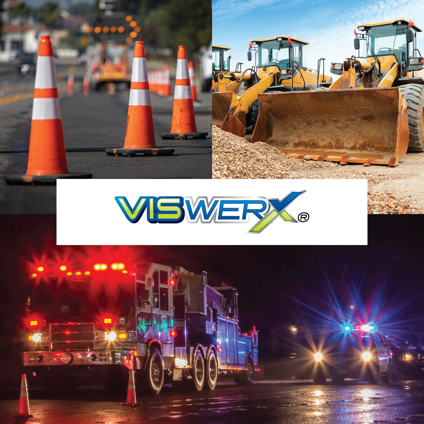 The VisWERX logo centered, with images of traffic cones at a road construction site, loader construction vehicles, and a firetruck and police vehicle at nighttime, as the background.