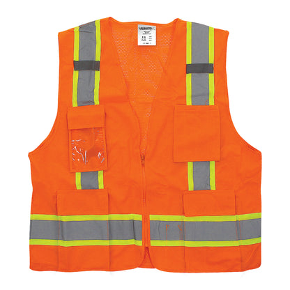 An orange zip up mesh safety vest with silver reflective striping with yellow accents, and 4 pockets on the front.