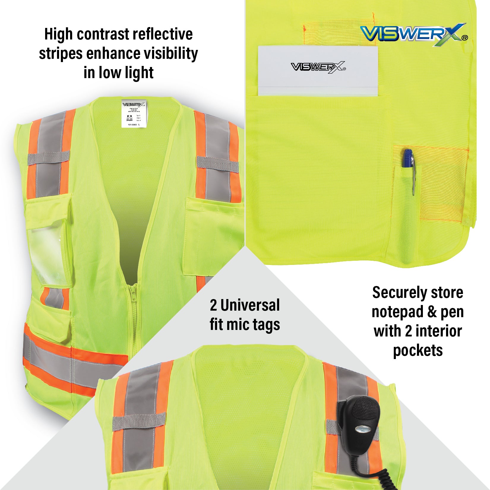 Close up images of vest, interior pockets, and mic tags with features listed. High contrast reflective stripes enhance visibility in low light, Securely store notepad and pen with 2 interior pockets, 2 universal fit mic tags.