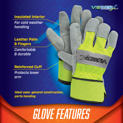 Image of gloves with product features listed around it. Insulated interior for cold weather handling, leather palm and fingers for comfort and durability, and reinforced cuff to protect lower arms. Ideal uses are general construction and parts handling.