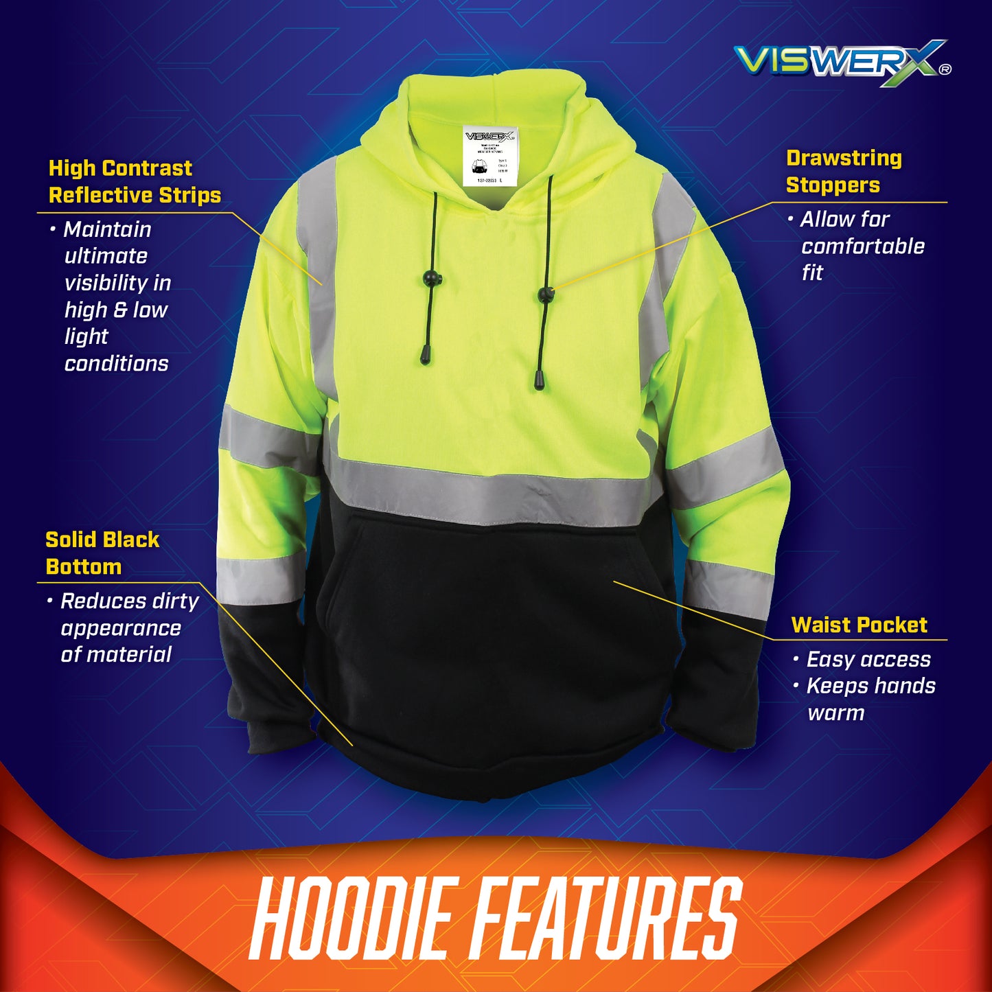 Image of jacket with product features listed around it. High contrast reflective strips to maintain ultimate visiblity in high and low light conditions, Solid black bottom reduces dirty appearance of material, Drawstring stoppers allow for comfortable fit, 2 waist slash pockets with easy access to keep hands warm.