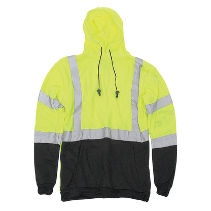 A pullover hooded sweatshirt with a high visibility yellow upper half, black lower half, with black adjustable drawstrings, and silver reflective striping on the chest and arms.