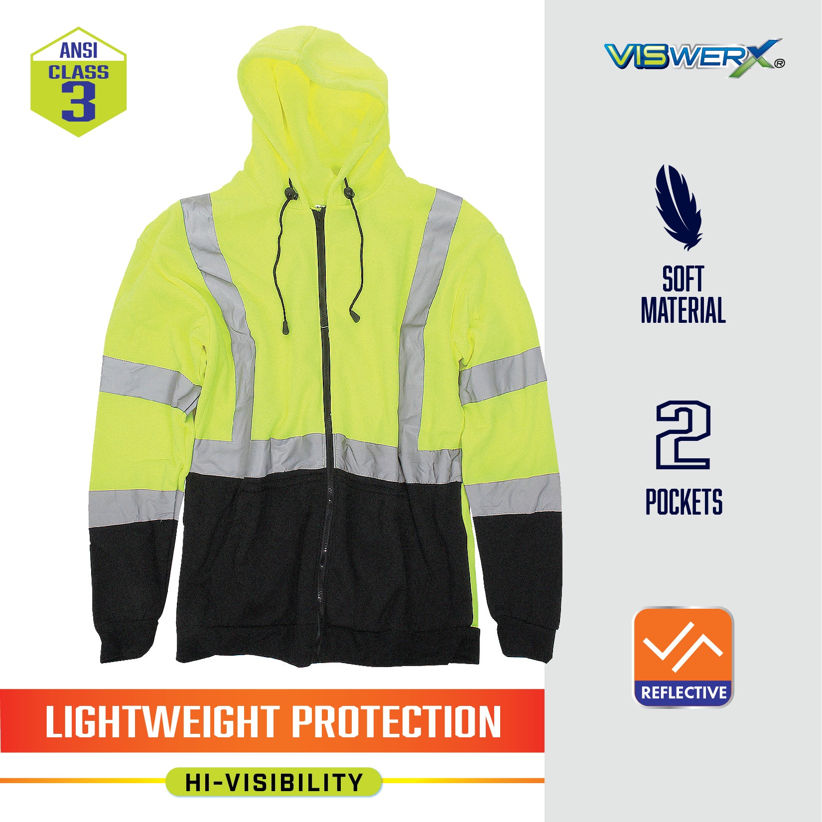 A hi-visibility yellow and black hooded sweatshirt with ANSI Class 3, Soft Material, 2 Pockets, Reflective, Lightweight Protection, and Hi-Visibility listed as product features.