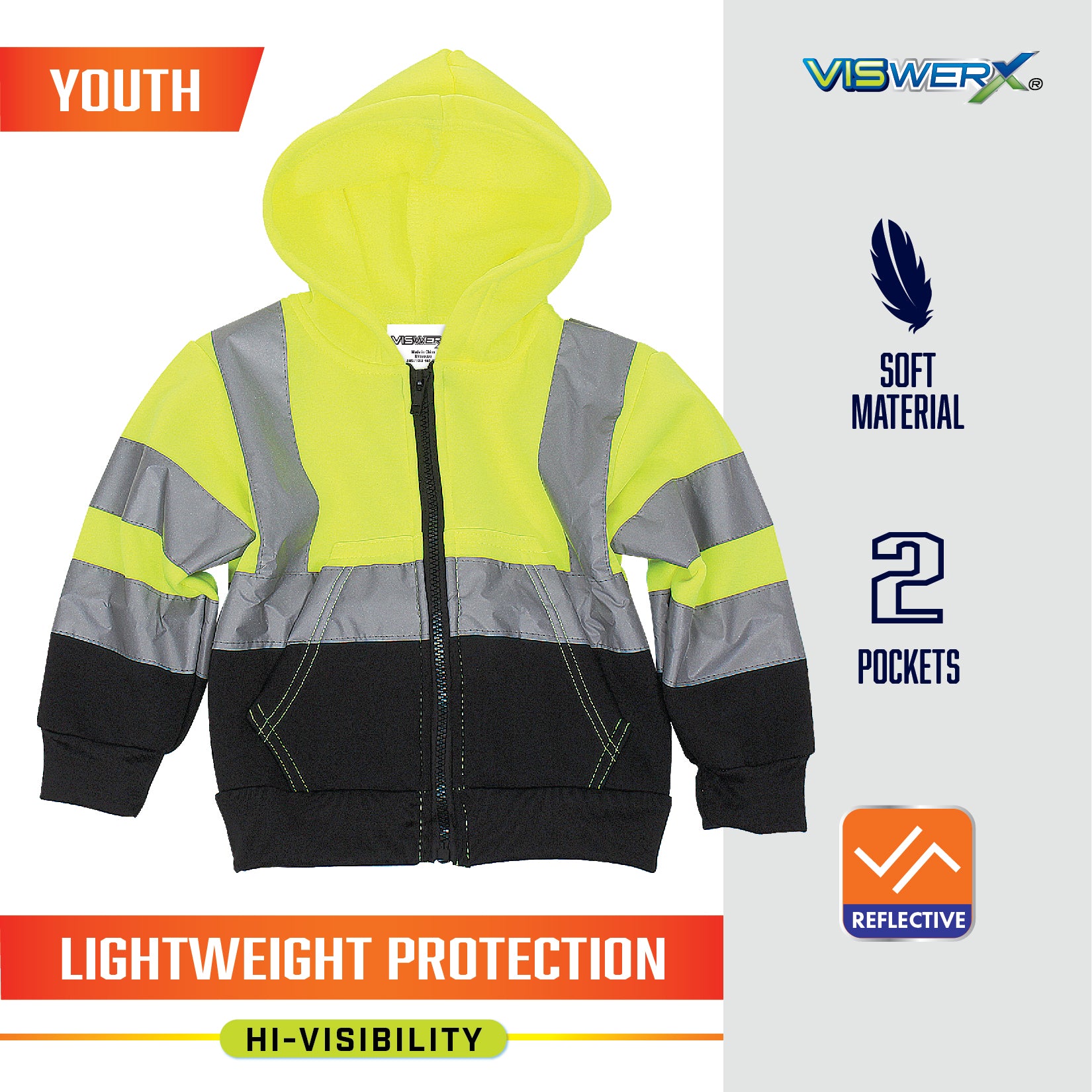 A hi-visibility yellow and black hooded sweatshirt with Youth, Soft Material, 2 Pockets, Reflective, Lightweight Protection, and Hi-Visibility listed as product features.