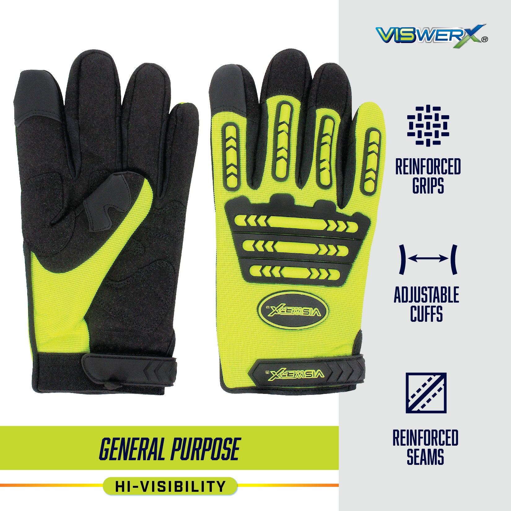 Hi-visibility yellow and black work gloves, with Reinforced Grips, Adjustable Cuffs, Reinforced Seams, General Purpose, and Hi-Visibility listed as product features.