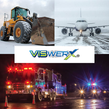 The VisWERX logo centered, with images of loader construction equipment in the snow, a plane on a runway in snowy weather, and a firetruck and police vehicle at nighttime, as the background.