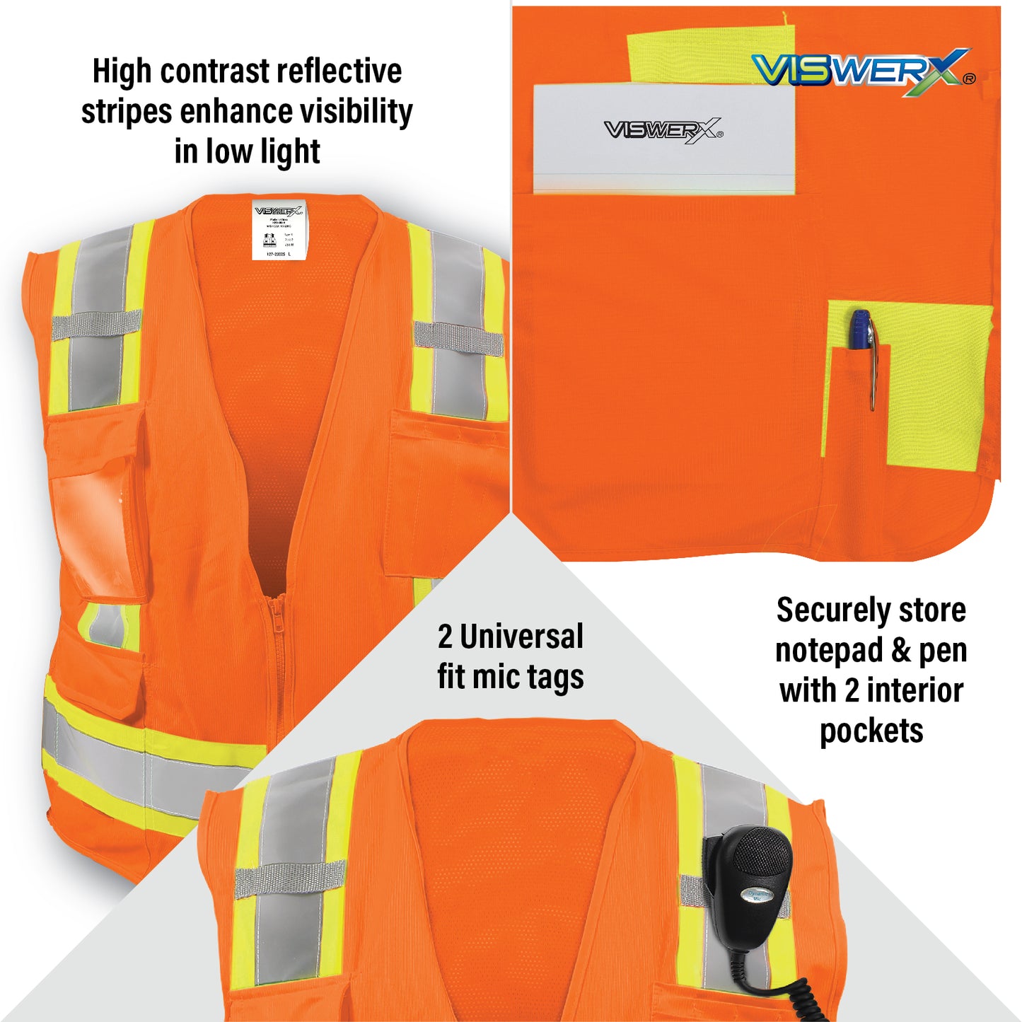 Close up images of vest, interior pockets, and mic tags with features listed. High contrast reflective stripes enhance visibility in low light, Securely store notepad and pen with 2 interior pockets, 2 universal fit mic tags.