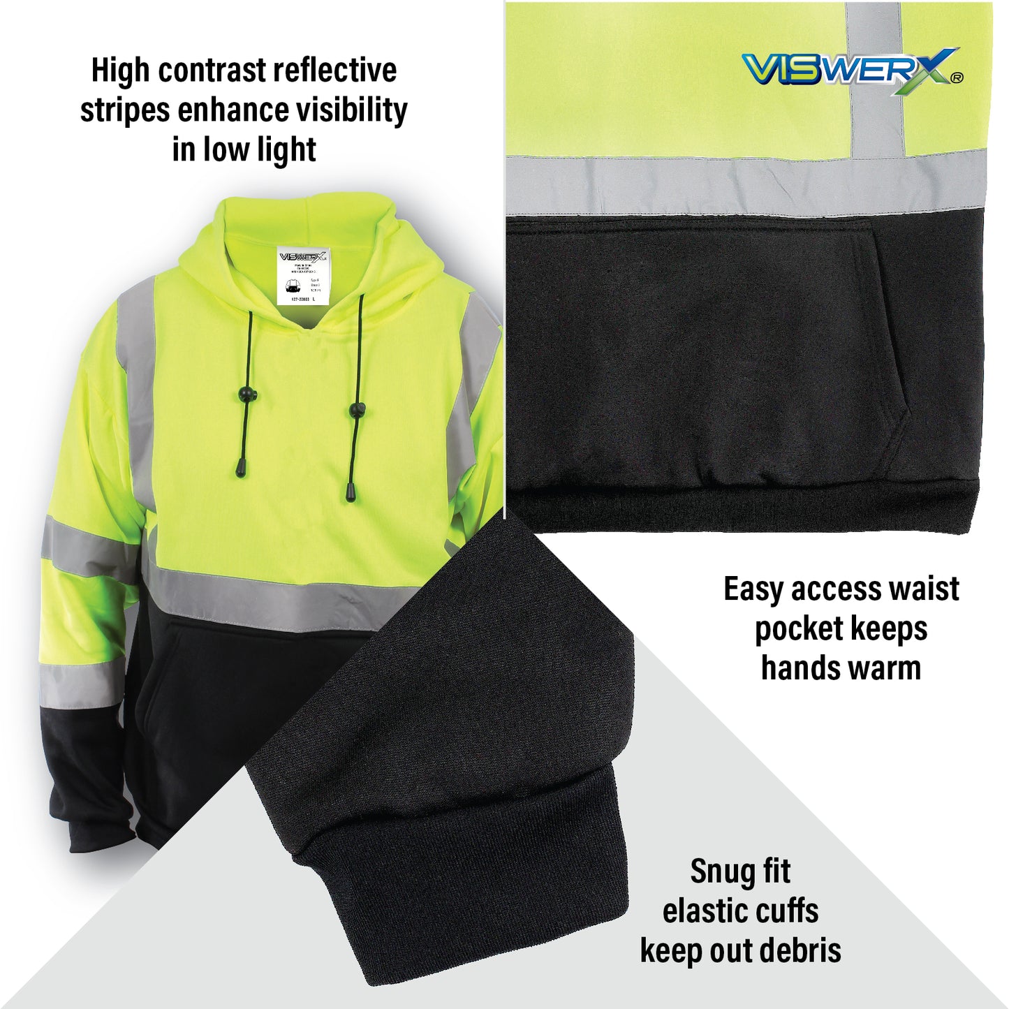 Close up images of jacket, pockets, and cuffs with features listed. High contrast reflective stripes enhance visibility in low light, 1 easy access waist pocket keeps hands warm, Snug fit elastic cuffs keep out debris.