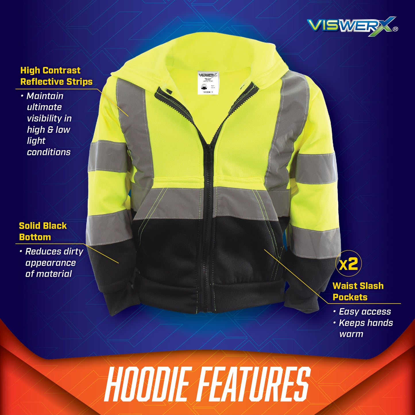 Image of hi-visibility yellow and black hoodie with product features listed around it. High contrast reflective strips to maintain ultimate visiblity in high and low light conditions, Solid black bottom reduces dirty appearance of material, 2 waist slash pockets with easy access to keep hands warm.