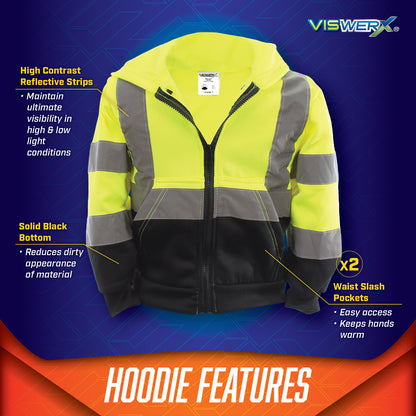 Image of hi-visibility yellow and black hoodie with product features listed around it. High contrast reflective strips to maintain ultimate visiblity in high and low light conditions, Solid black bottom reduces dirty appearance of material, 2 waist slash pockets with easy access to keep hands warm.