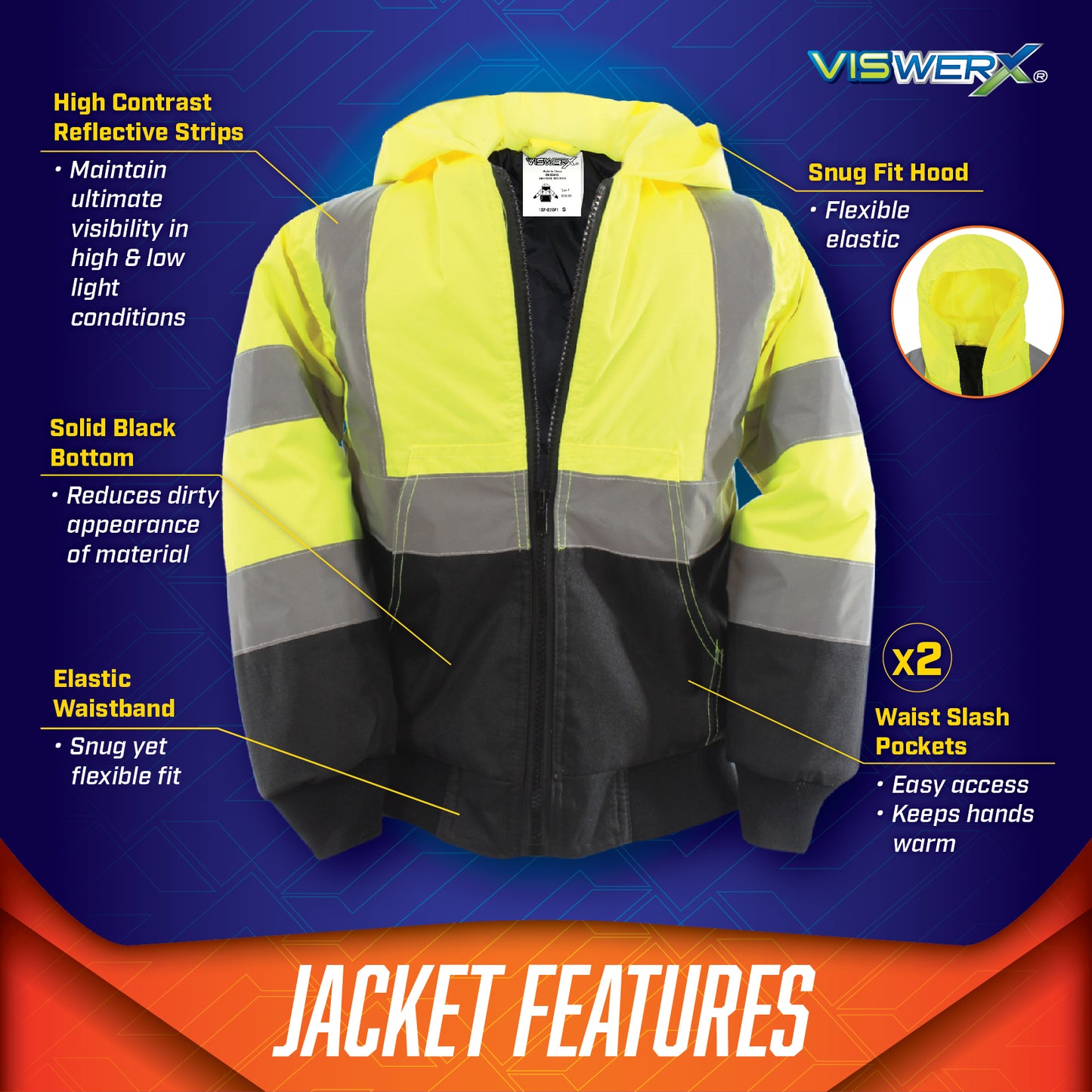 Image of hi-visibility yellow and black hoodie with product features listed around it. High contrast reflective strips to maintain ultimate visiblity in high and low light conditions, Solid black bottom reduces dirty appearance of material, Elastic waistband for a snug yet flexible fit, Snug fit hood with flexible elastic, 2 waist slash pockets with easy access to keep hands warm.