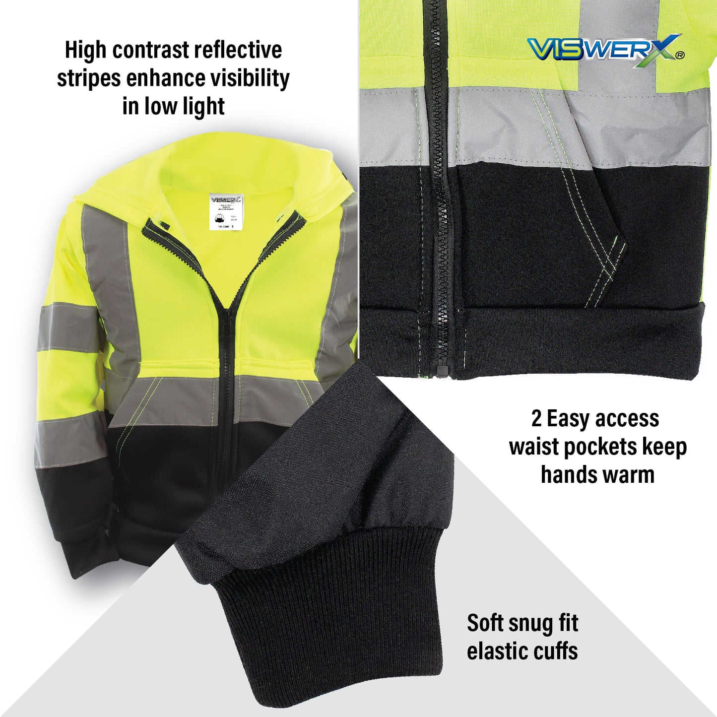 Close up images of jacket, pockets, and cuffs with features listed. High contrast reflective stripes enhance visibility in low light, 2 easy access waist pockets keep hands warm, Soft snug fit elastic cuffs.